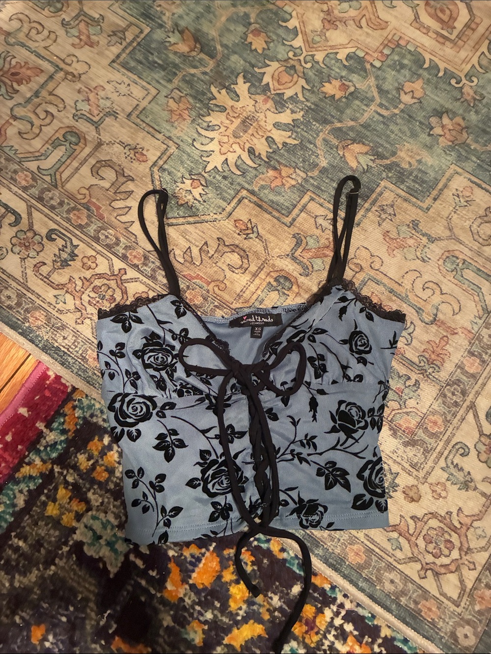 Light Blue Floral Velvet Burnout Lace-Up Cami Top